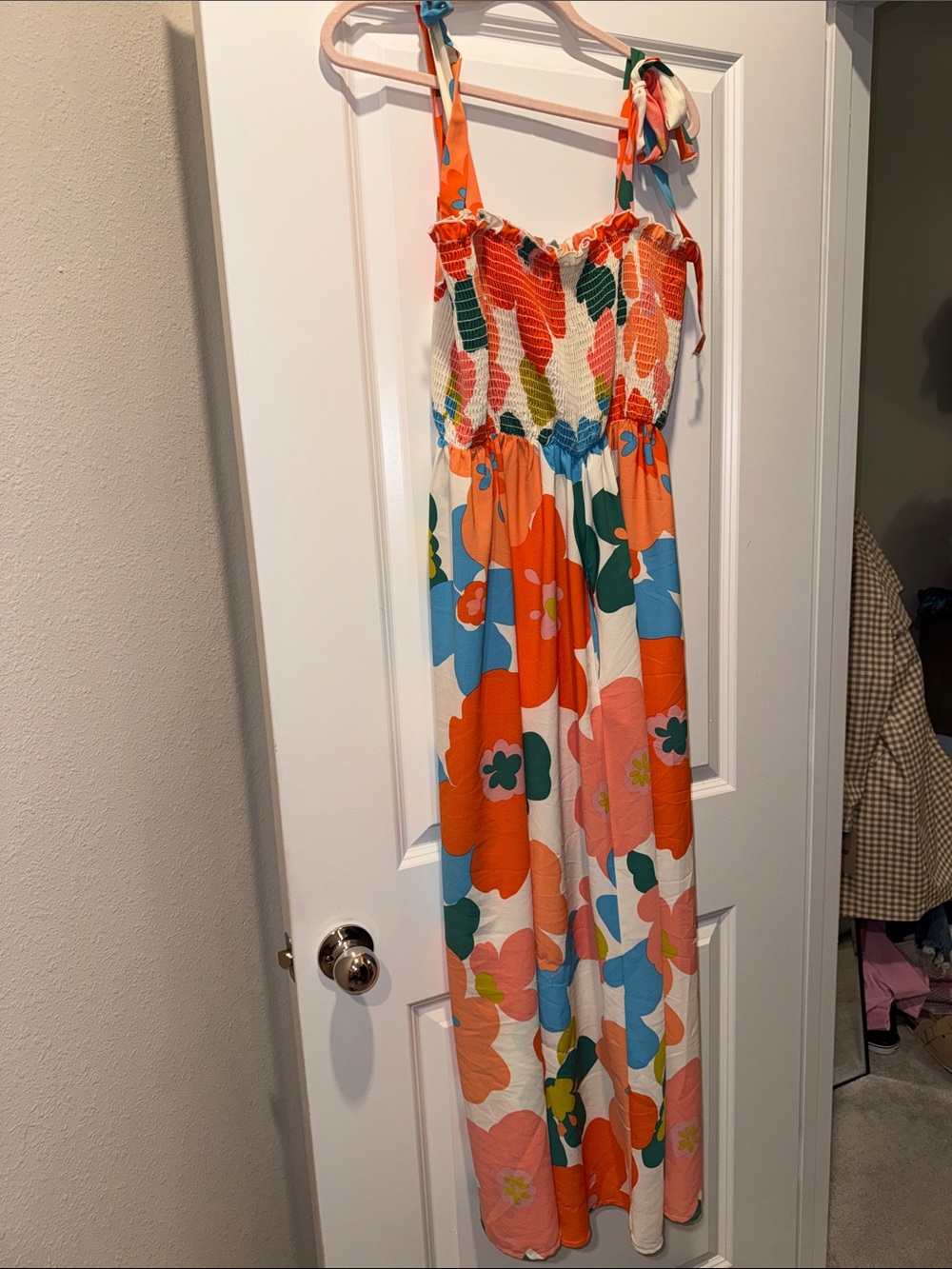 Girls Smocked Floral Tie-Shoulder Jumpsuit in Orange and Blue